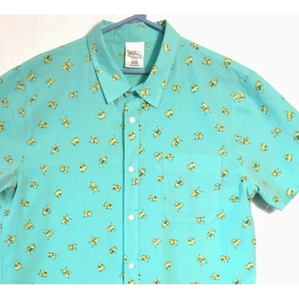 Pokemon Shirt Men's X-Large (46-48) Green Pikachu Button Up Short Sleeve Casual - Picture 2 of 9